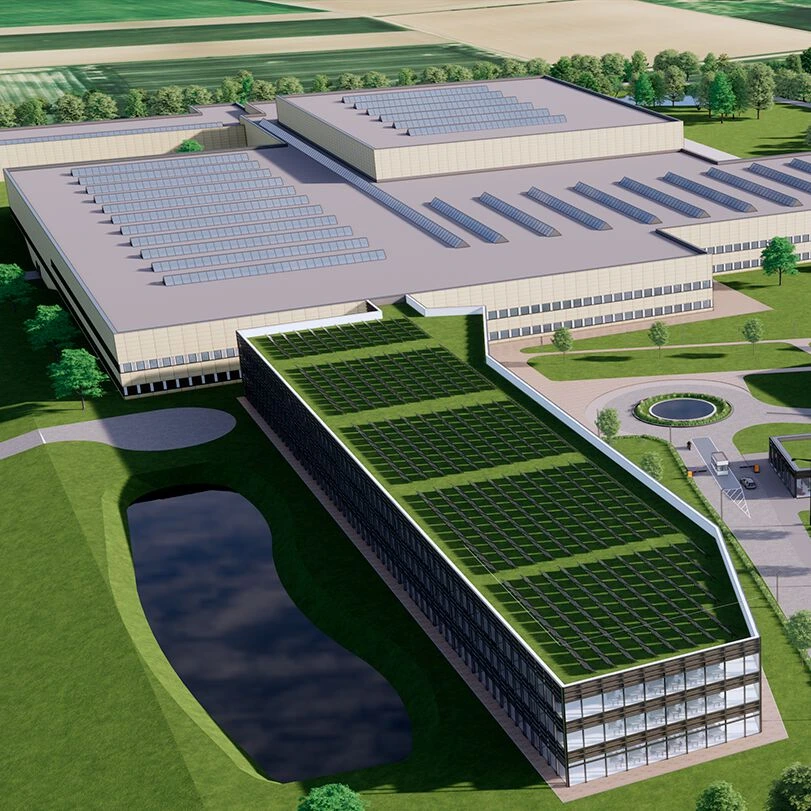 Architekturvisualisierung des geplanten Lilly-Standorts in Alzey, Entwurfsstand November 2023.